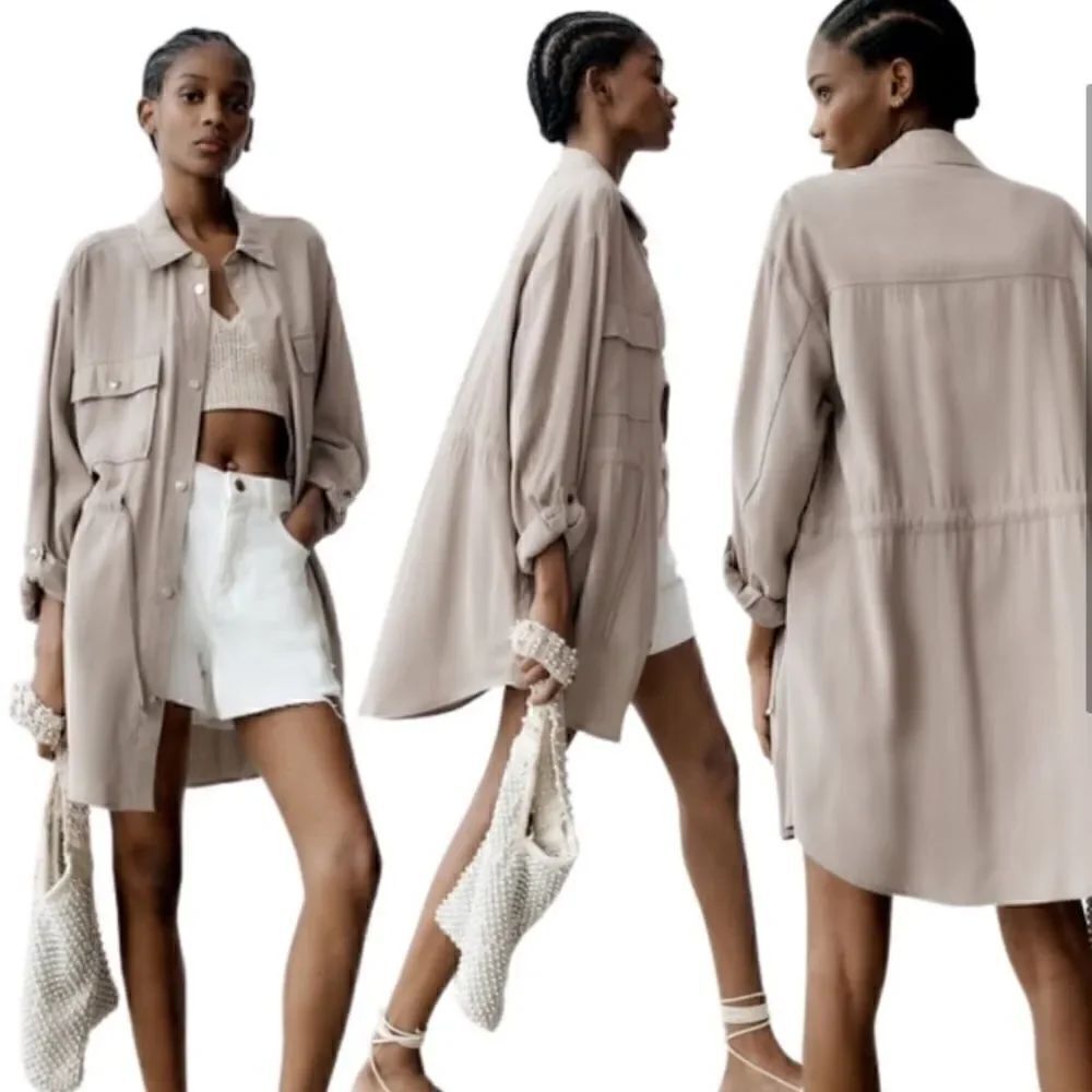 Zara Beige Button Front Oversized Drawstring Waist Tunic Top